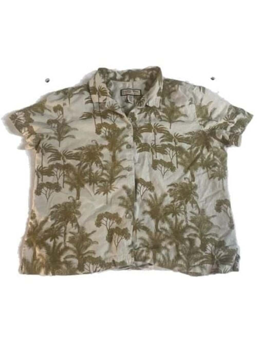 Jamaica Bay Discover Paradise Women's Palm Tree Print 100% Linen Short Sleeve Bu